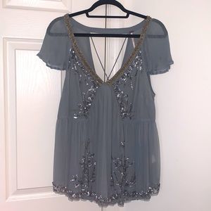 Free People Blue Beaded top with sequin detailing